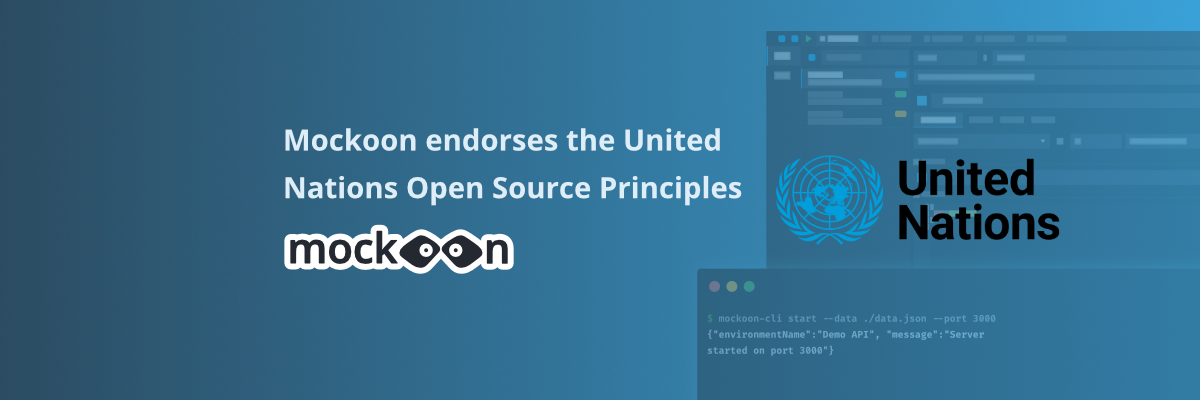 Mockoon and United Nations logos with open source symbols