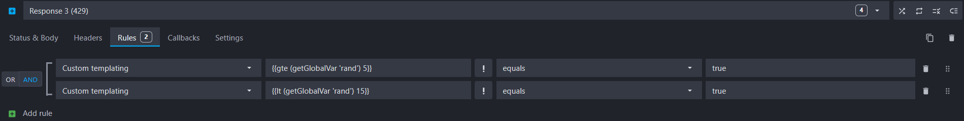 view of the rule interface showing the 429 response
