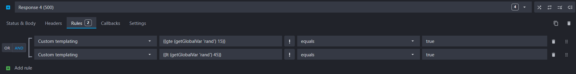 view of the rule interface showing the 500 response
